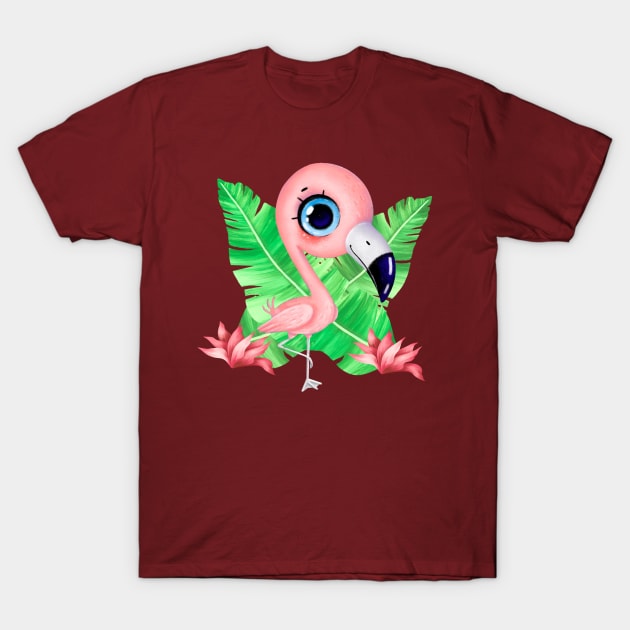 Cute flamingo stands on one leg with tropical leaves T-Shirt by Abderrahmaneelh